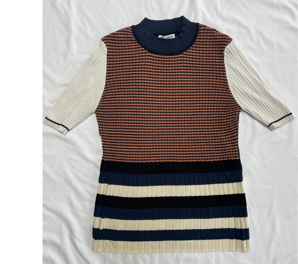 Opening Ceremony Ribbed Navy Metallic Striped Short Sleeve Sweater Top, Large